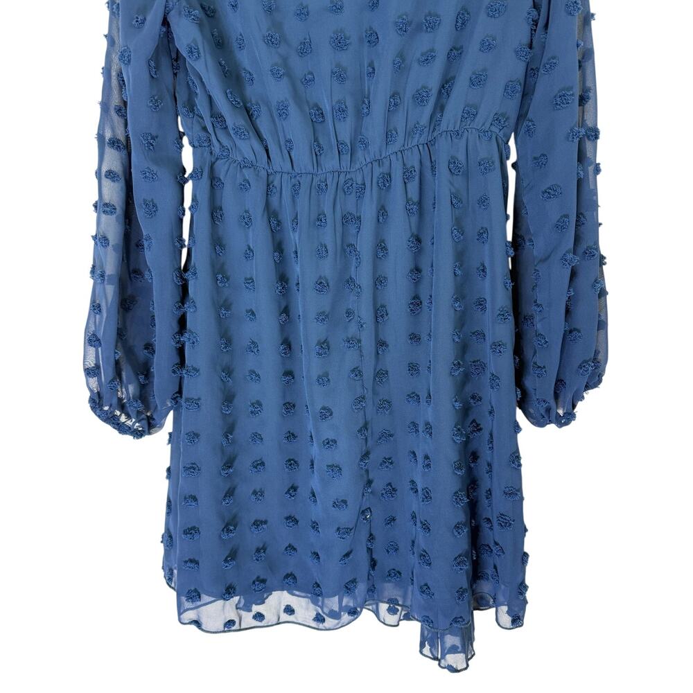 Kirundo Blue Long Sleeve V-neck Swiss Dot High Waist Chiffon Mini Dress Size M - Picture 7 of 10